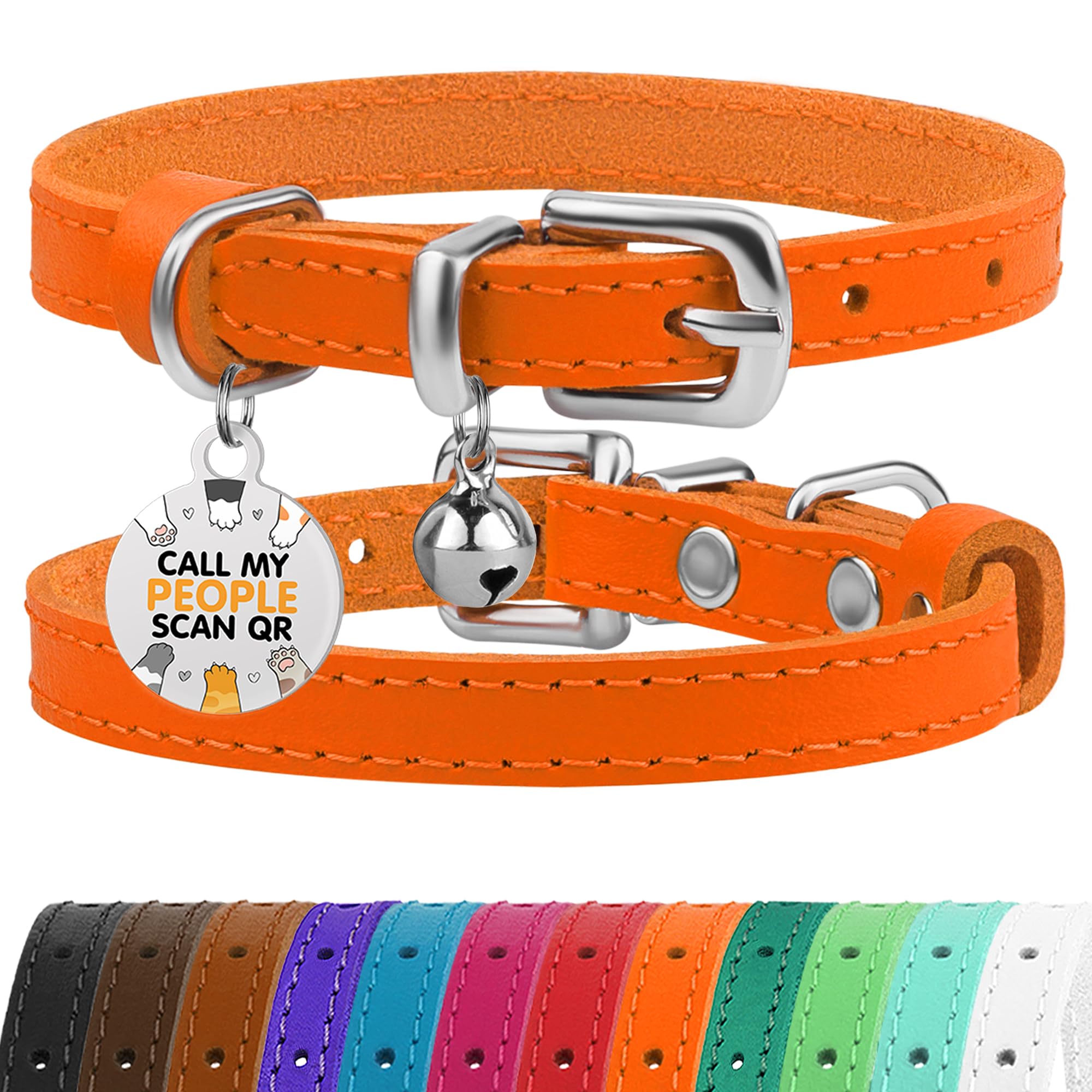 BRONZEDOG Leather Cat Collar with Removable QR-ID Tag – Kitten Collar with Bells, Non-Breakaway, for Girls & Boys (23-28 cm, Orange & Silver)