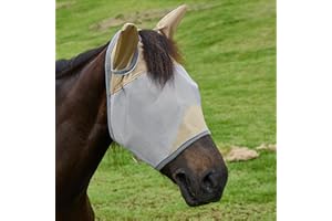 DEERFAMY Fly Masks for Horses,Breathable UV Protection Net Mesh Mask Stretchy Mesh Large Eye Space in Full Coverage,Soft & Gentle on Skin,with Ears,No Nose (Gold, XL)