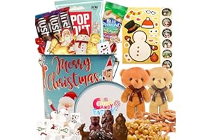 SARAH'S CANDY FACTORY Christmas Gift Set Tin 56 Count, Includes Marshmallow Treats, Chocolates, Cookies, Snacks, Two Teddy Bears & Stickers, Perfect Holiday Party Favor or Gift Basket for Friends & Students (Blue Tin)