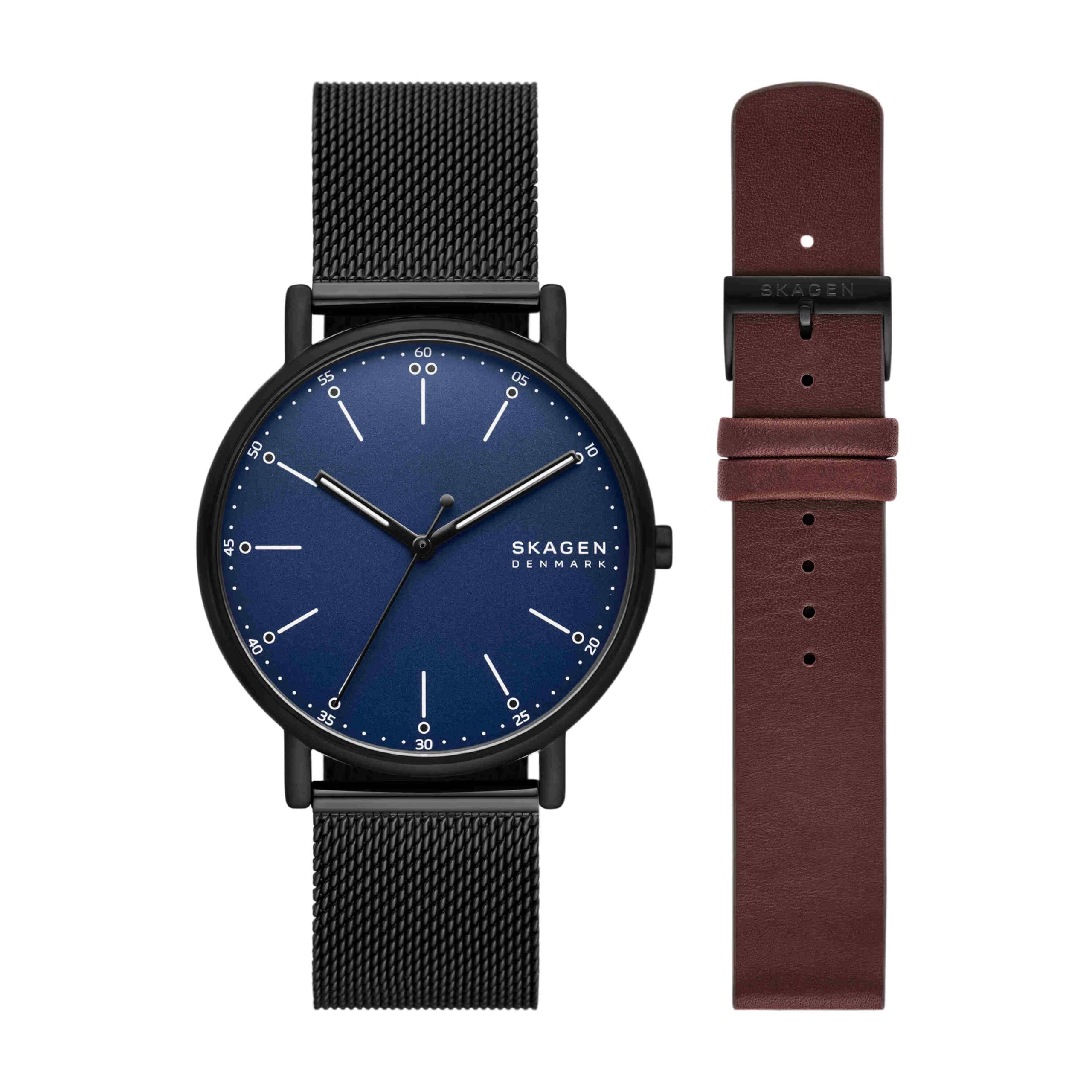 Skagen Men’s Signatur Three-Hand Black Stainless Steel Mesh Watch and Strap Set