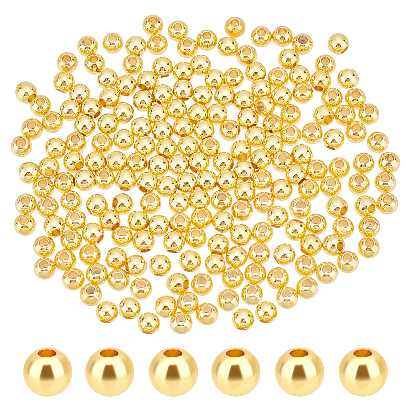 PH PandaHall 400pcs 18K Gold Plated Beads 4mm Long-Lasting Round Beads Meatl Spacer Bead Seamless Loose Ball Bead for Summer Hawaii Stackable Necklace, Bracelet, Earring Making