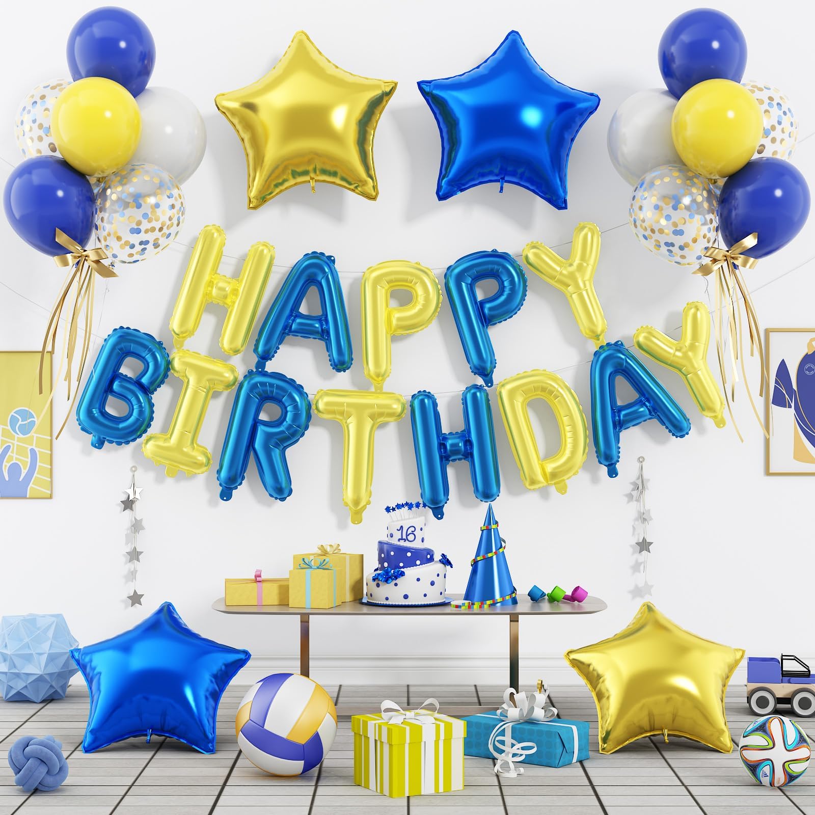 Photo 1 of 29PC Blue Yellow Happy Birthday Balloon Banner, 16 Inch 3D Aluminum Letter Banner Sign, Blue Yellow Confetti Balloon 18 Inch Star Foil Balloon for Women, Men Birthday Party Decorations