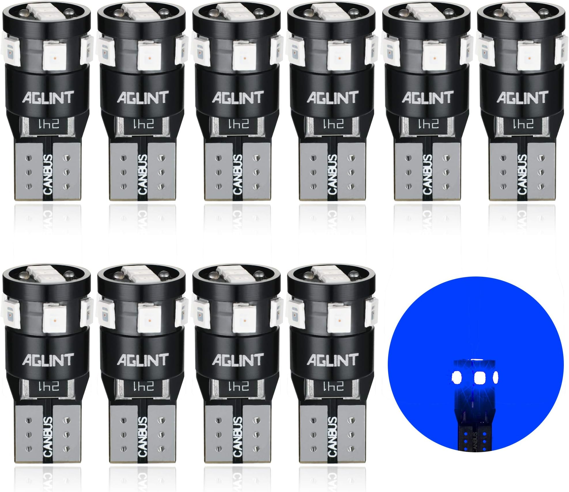 AGLINT T10 LED Bulbs CANBUS Error Free W5W 194 168 2825 Wedge 9SMD Replacement Bulb for Car Interiors Side Dome Number Plate Lights Blue 10PCS