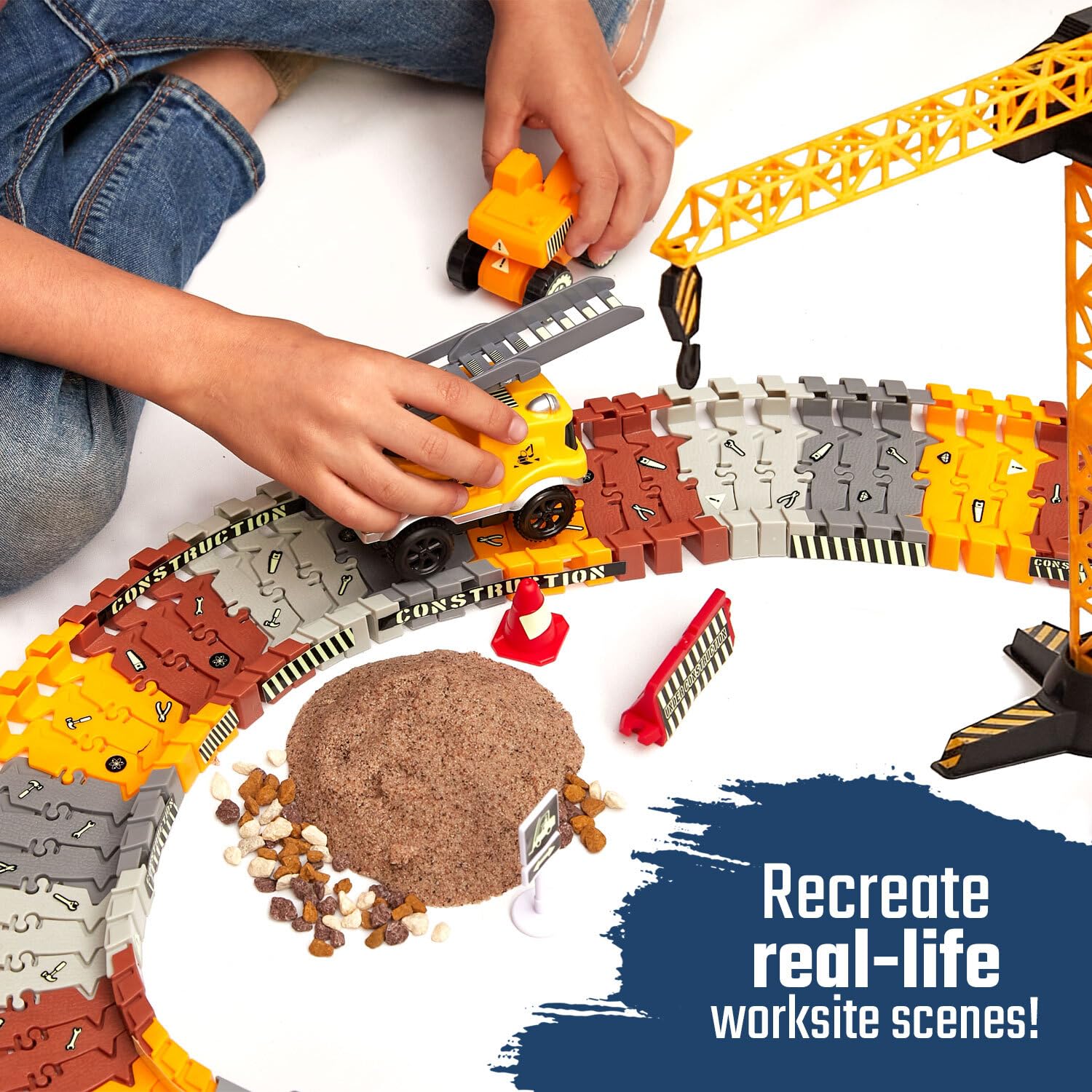 JITTERYGIT Construction Race Track Site Toy - Including Sandbox Vehicles, Trucks, Excavator, Bulldozer, Dump Truck, Crane - Birthday Gift for Kids, Boys, Girls, Toddlers for Ages 3 4 5 6 7 8 Year Old