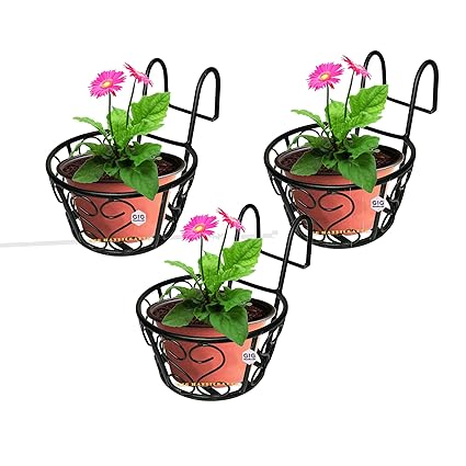 GIG Handicrafts Modern Style Iron Balcony Railing Planter Round (22 cm x 22 cm x 20 cm, Black) (Pack of 3)