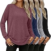 Oakgarden 4 Pack Women's Long Sleeve Sweatshirts, Crew Neck Cotton Tees Curved Hem Tunic Pullover Shirts Knit Loose Tops