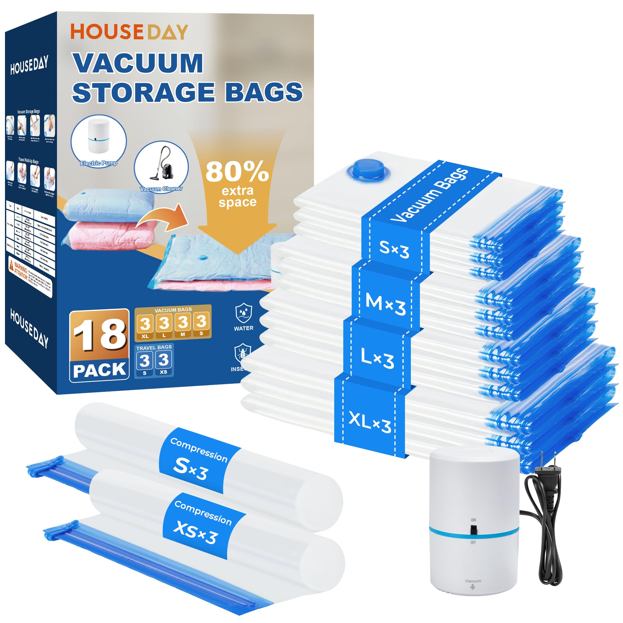Photo 1 of *MISSING PARTS UNKNOWN*
HOUSE DAY 18 Pack Vacuum Storage Bags with Electric Pump, Valve, Space Saver Vacuum Seal Bags for Clothing, Comforters, and Travel Essentials 3 Jumbo,3 Large,3 Medium,3 Small/3 Small,3 XS Roll Up Bag
