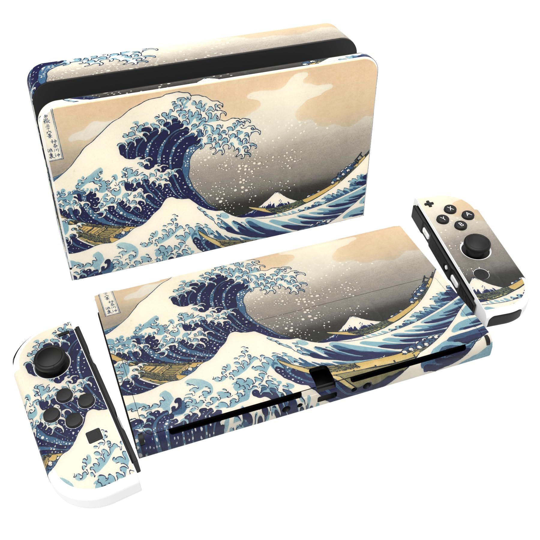 Full Set Protective Stickers for Nintendo Switch OLED Model, Customized Vinyl Decal Skins for Switch OLED Console & Joycon & Dock & Grip - The Great Wave