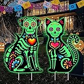 2 Pack Day of The Dead Yard Signs Dia De Los Muertos Outdoor Decorations Glow in The Dark Sugar Skull Cat Dog Skeleton Yard Lawn Signs for Mexican Fiesta Festival Halloween Party Supplies Lawn Decor