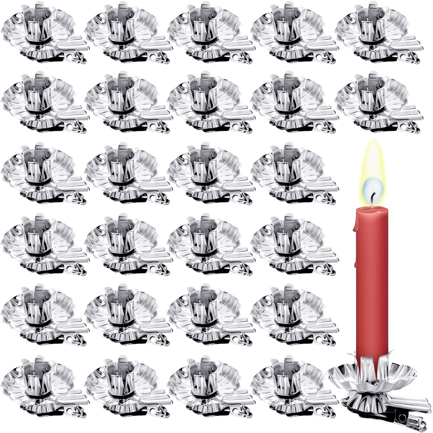 Photo 1 of ***RECOMENDED FOR SMALLER CANDLES*** Boao Candle Holders Clip Candle Holder Silver Flower Shaped Candlestick Holders Metal Candles Clips for Christmas Birthday Party (30)