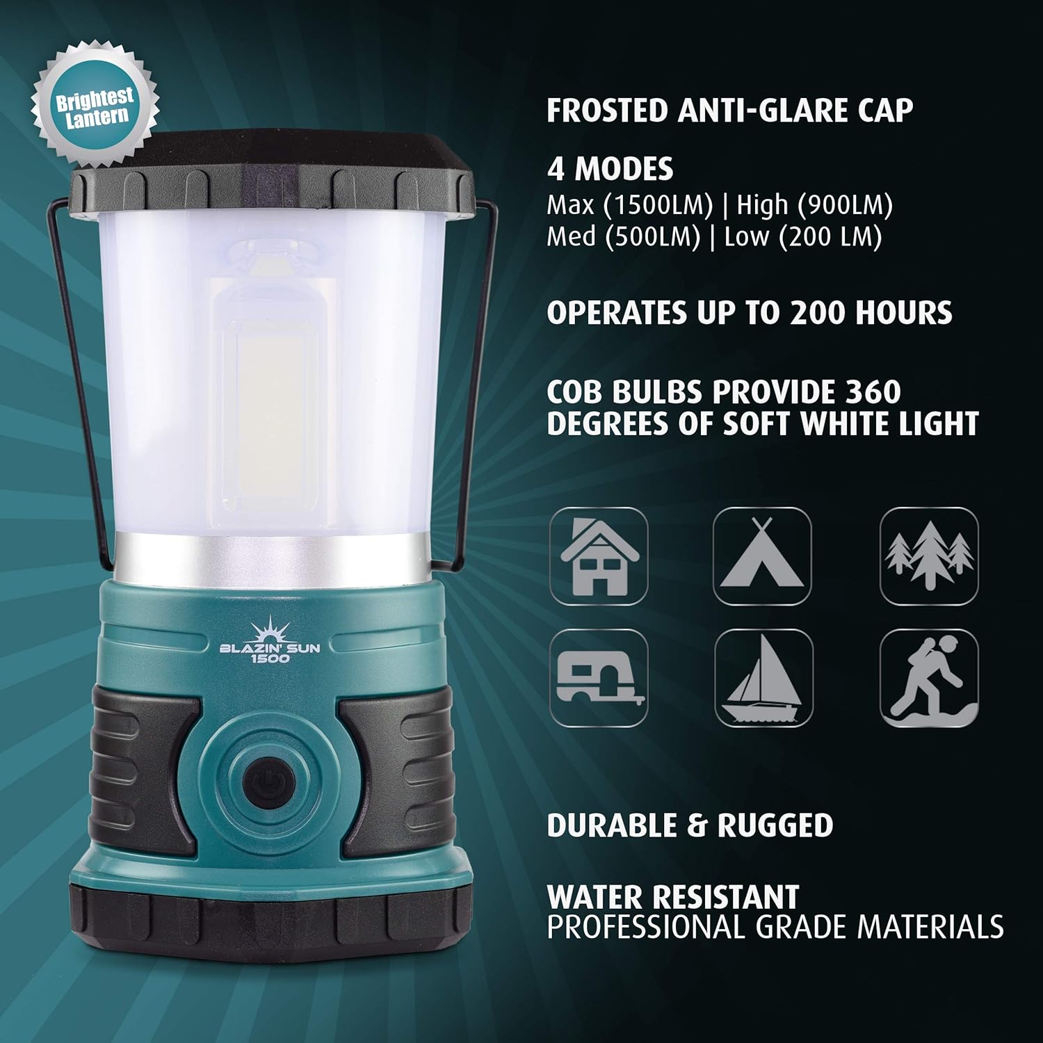 Blazin' Sun 1500 Lumen | Led Lanterns Battery Operated | Hurricane, Emergency, Storm, Power Outage Light | 200 Hour Runtime (Teal) - - 
