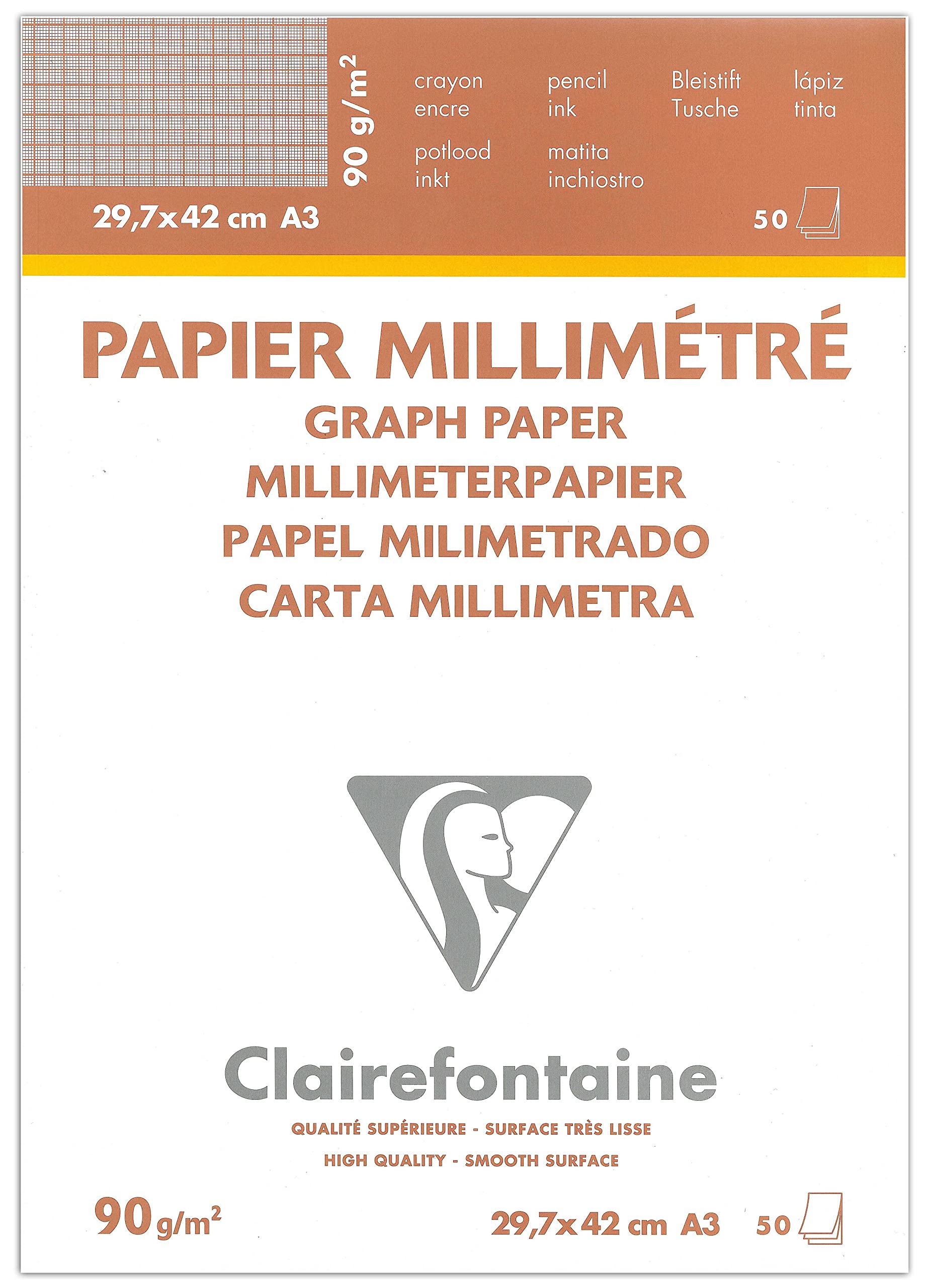 Clairefontaine - Ref 97136C - White Vellum Graph Pad (50 Sheets) - 29.7 x 42cm Sized, 90gsm Paper, Graph Rulings, Sepia Front & Blue Back, Smooth Surface