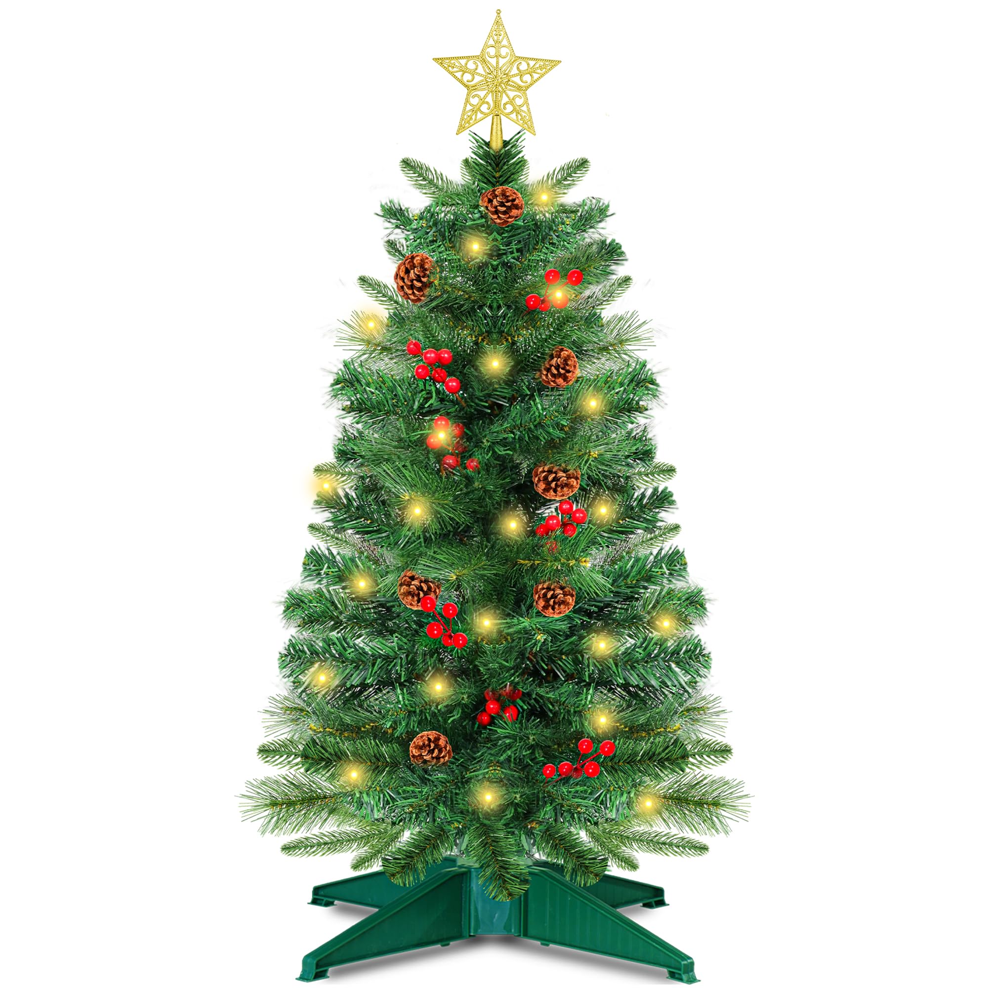 Photo 1 of 3 Ft Artificial Christmas Tree with Pine Needle Acorn Red Berries 8 Modes Timer 50 Warm White Lights Battery Operated Small Xmas Full Tree for Home Indoor Office Tabletop Holiday Decorations