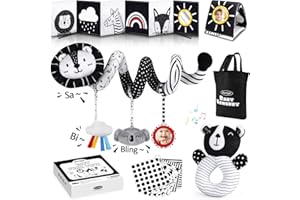 Joyreal High Contrast Baby Toys for Newborn, Black and White Baby Sensory Toys with Car Seat Toys,Infant Toys with Black White Cards Book, Montessori Toys for Baby Gifts