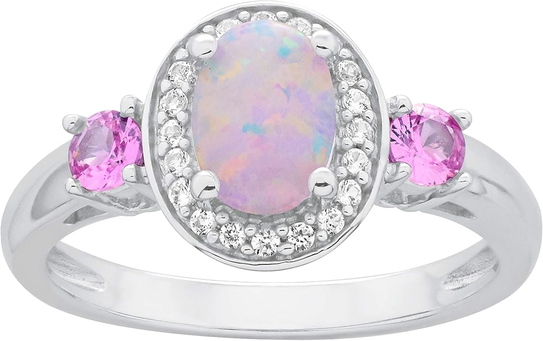 .925 Sterling Silver, Oval LabGrown Pink Opal Cabochon & LabGrown