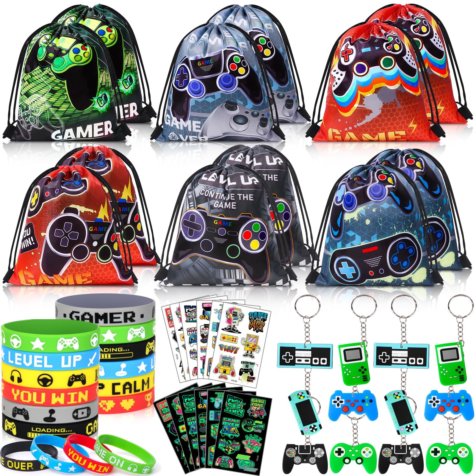 Photo 1 of Winrayk 12 Sets Video Game Party Favors Gamer Birthday Supplies, Gaming Drawstring Bag Silicone Wristband Glow In The Dark Tattoos Keychain, Kid Game On Goodie Bag Stuffers Gamer Party favors Supplies