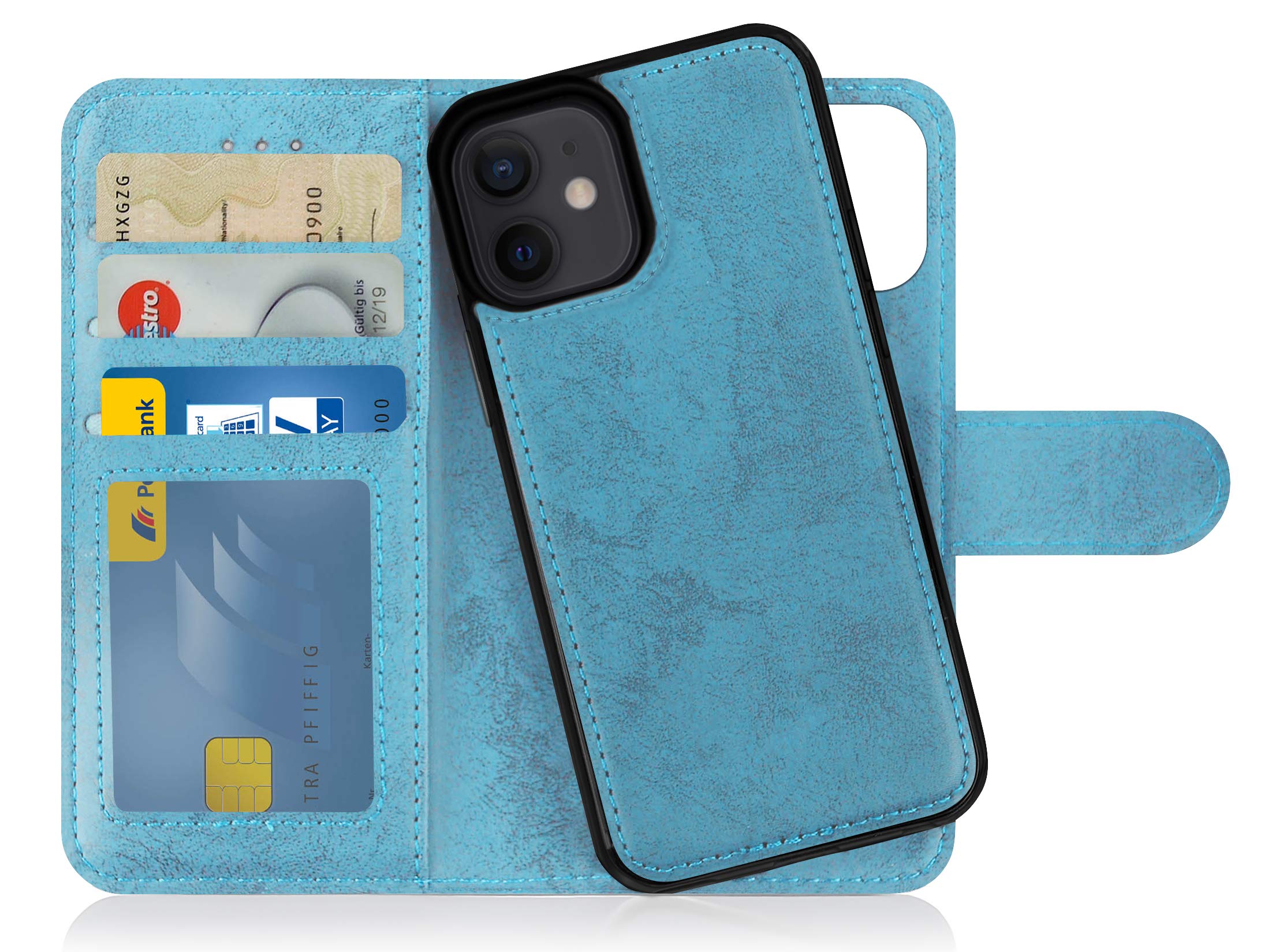 MyGadget Flip Case for iPhone 12 Mini - [ Removable Magnetic Cover ] - PU Leather Phone Case - [ Cover with Card Slot ] Protective Shell in Light Blue