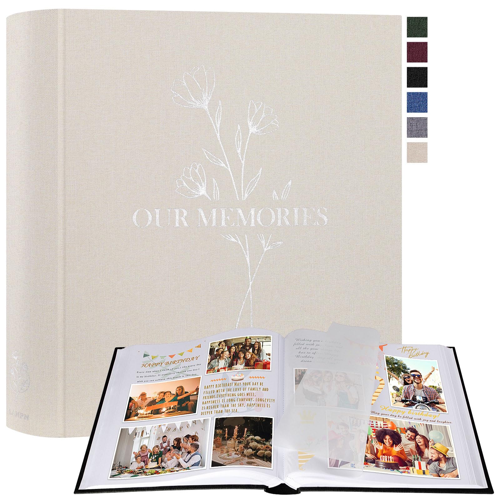 Lanpn Photo Album for DIY Gluing, Large OUR MEMORIES Linen Photo Book 160 White Pages with Parchment Dividers Holds 9 x 13 10 x 15 13 x 18 cm Photos (30 x 33.5 cm, Beige)