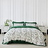 YuHeGuoJi Botanical Ruffle Duvet Cover King 100% Cotton 3 Pcs Set 1 Garden White Plant Floral Duvet Cover with Zipper Ties 2 Pillow Shams Aesthetic Emerald Green Flower Bedding Set Soft