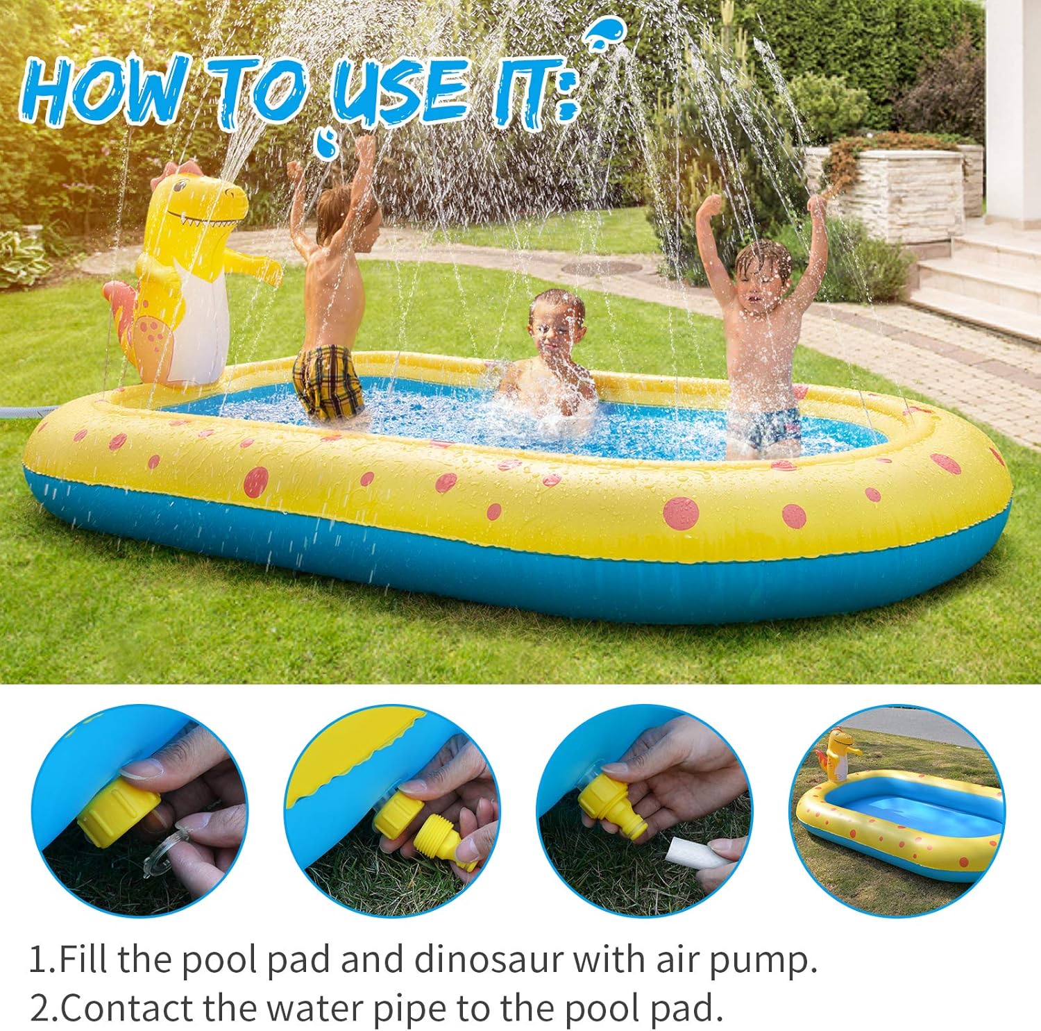 Inflatable Sprinkler Swimming Pool, Blow Up Kiddie Water Pool with Splash, Portable Cute Dinosaur Design Babies Toy Pool, Kid Lounge Water Park, for Toddler, Backyard, Outdoor, Garden, Summer Gift: Toys & Games