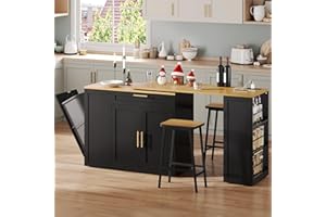 YITAHOME 90 inch Kitchen Island with Seating for 2-4, Rolling Island with Trash Can Cabinet & Power Outlet, Extendable Dining Table with 2 Chairs, 3-Tier Spice Rack, L-Shaped Kitchen Cart (Black)