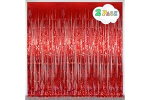 Red Foil Fringe Curtain Christmas Party Decorations, Melsan 3.2 x 8 ft Metallic Tinsel Curtains Streamer Backdrop for Birthday, Anniversary, Valentine's Day Party Decor - Pack of 2