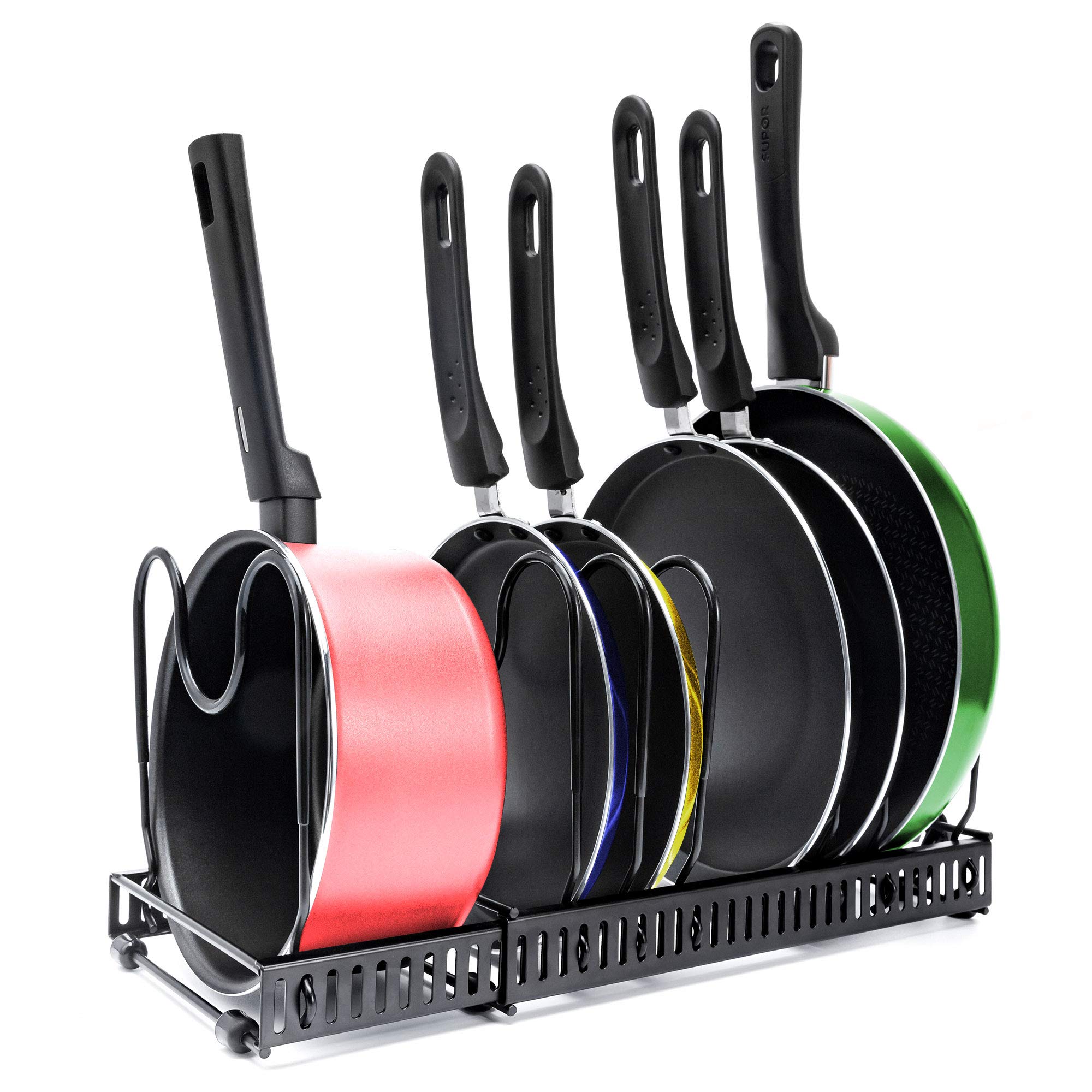Expandable 7+ Pan Organizer and Pot Rack, Rustproof Kitchen Cabinet Storage Organizer For Heavy Pots Pans and Cookware, Counter Organization and Lid Holder, Easy To Pull and Expand Up To 22.9 Inches