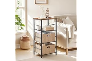 VECELO Tall Side Table, 3-Tier Telephone Stand with Storage Shelf and Baskets, High Nightstand for Small Space, Living Room, Bedroom, Office, Brown