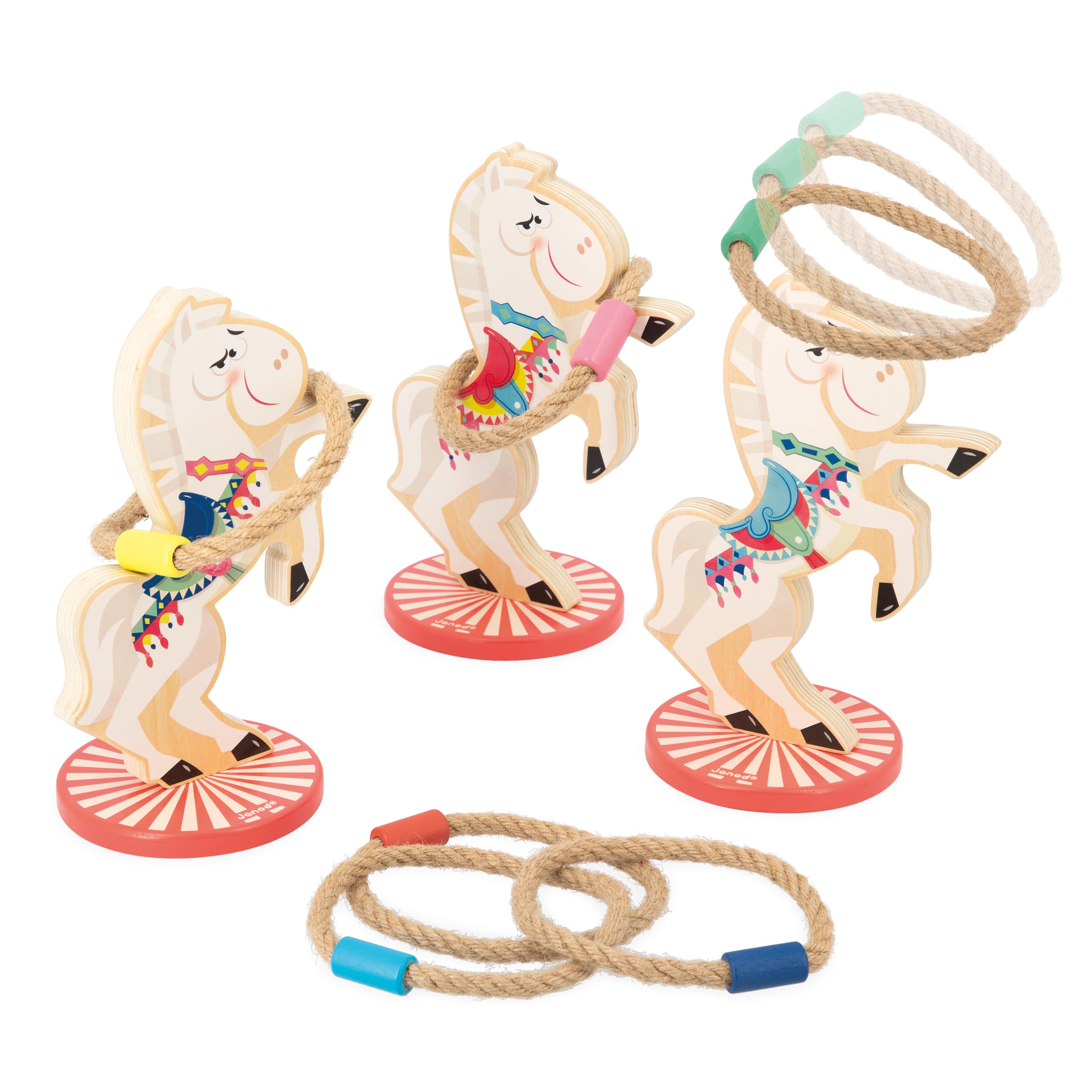 Janod - Applepop Horse Ring Toss Game - Children’s Game of Skill - 3 Horses + 6 Rings - Develops Dexterity - FSC Wood Toy - 3 Years +, J03366