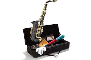Mendini By Cecilio Tenor Saxophone - B Flat Black Golden Lacquer Saxophone for Beginner Musicians with Hard Case, Tuner, Mouthpiece, 10 Reeds, Polishing Cloth, Cleaning Rod, Gloves, Strap