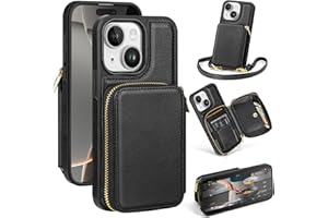 SkyEagle Compatible with iPhone 14 Wallet Case for Women【RFID Blocking】 Crossbody Phone Case PU Leather Zipper Handbag Wrist Strap Cover Credit Card Holder,for Apple 14 6.1",Black