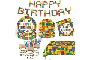 XUELIREN 122PCS Building Block Party Supplies for Boys Girls Kids Birthday Party Blocks Bricks Themed Disposable Plates Napkins Knives Forks Banners Birthday Decorations Serves 20 Guests