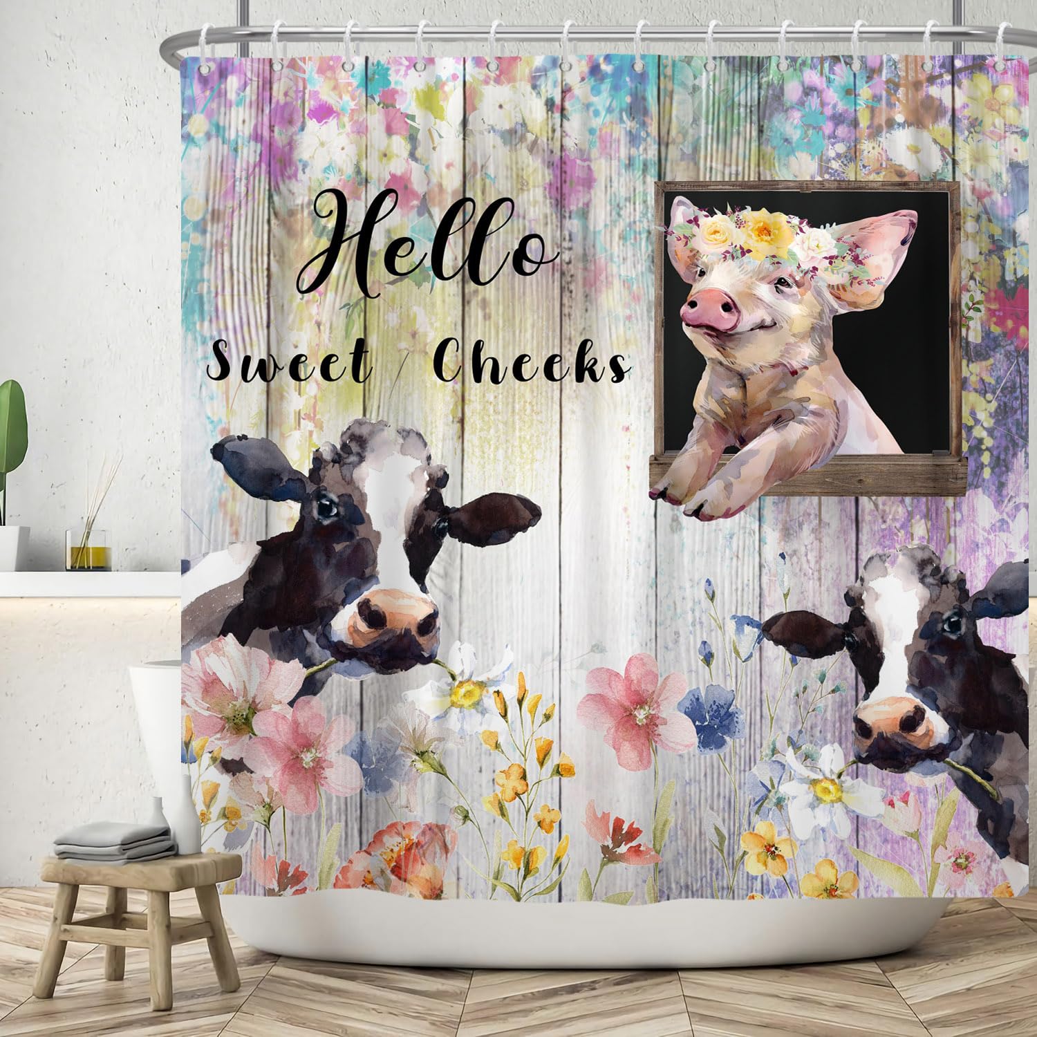 ASDCXZ Funny Shower Curtain 180x180 cm, Watercolor Funny Dairy Pig Colorful Flowers Retro Wood Grain Bath Washable Shower Curtains Polyester Textile Waterproof Bath Curtain for Bathtub with 12 Hooks — image 1