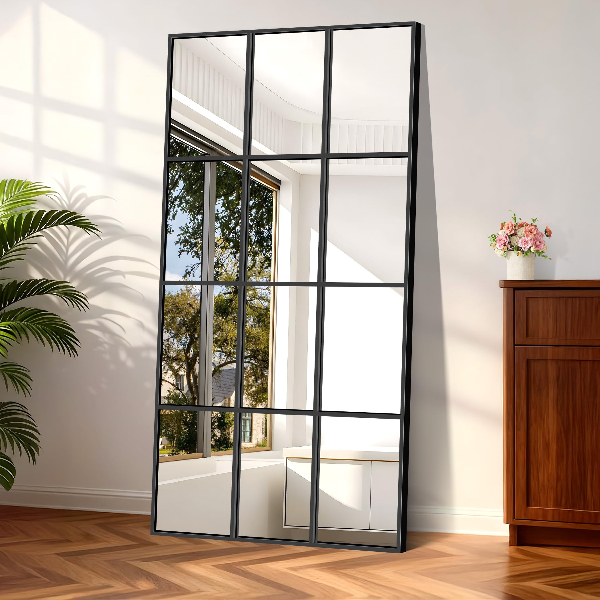 Photo 1 of YIROMAN Window Pane Mirror, 30x60 Inch Black Rectangular Decorative Wall Mirror, Large Window Metal Framed Mirrors for Bedroom Living Room Fireplace Entryway, Hanging or Leaning Against Wall