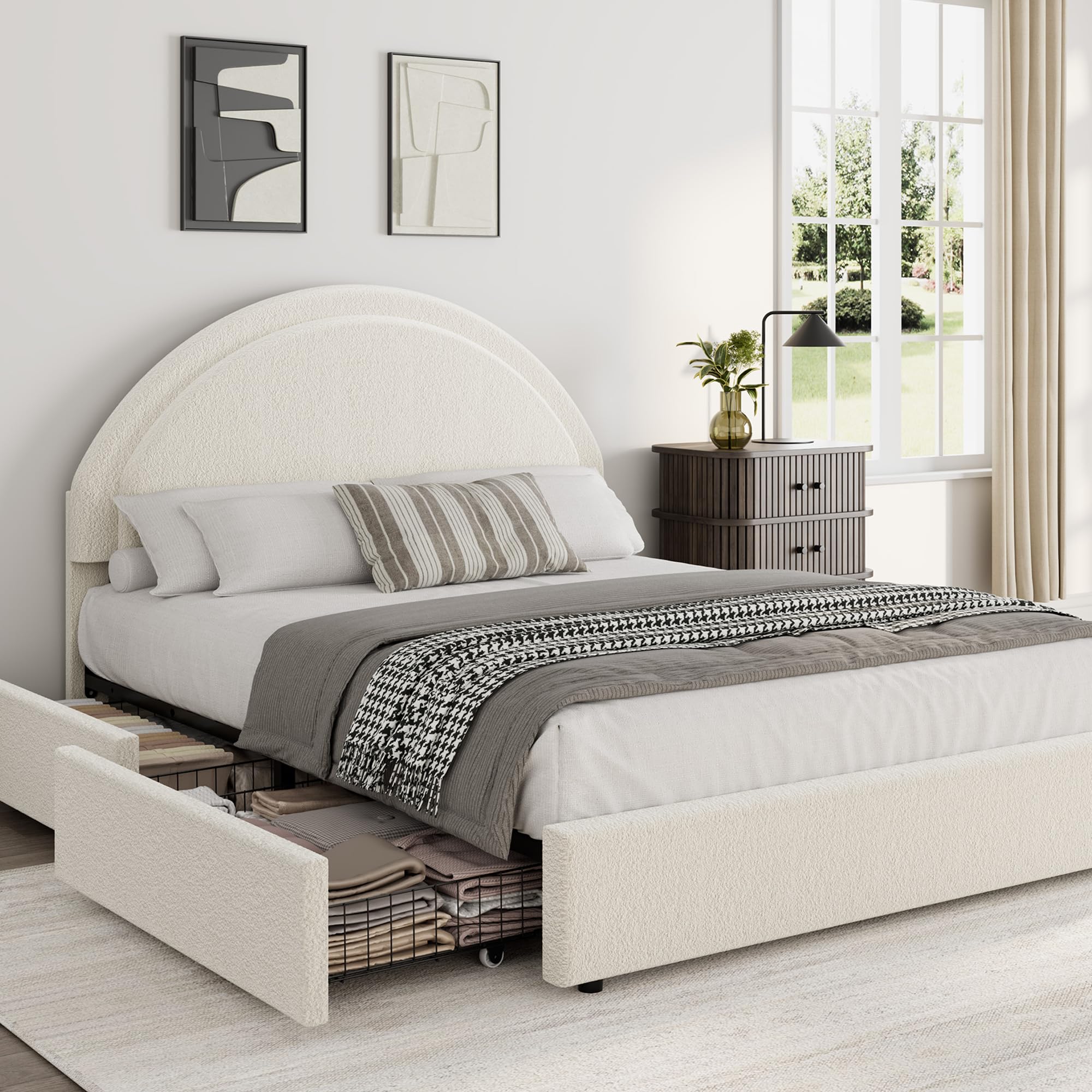 Photo 1 of ******FACTORY SEALED*****Garvee Full Size Bed Frame with Storage Drawers, Upholstered Boucle Platform Bed with Round Headboard, Heavy Duty & Noise Free, No Box Spring Needed, Beige