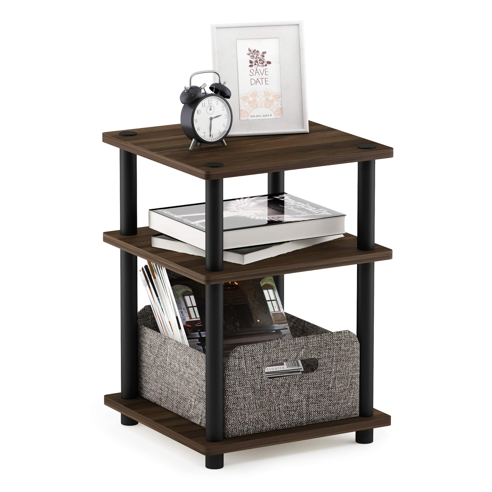 Furinno TURN-N-TUBE Side Table, 3-Tier End Table, Open Shelves Nightstand, Night Stand, Bedside Table, Easy Assembly, for Living Room, Bedroom, Columbia Walnut