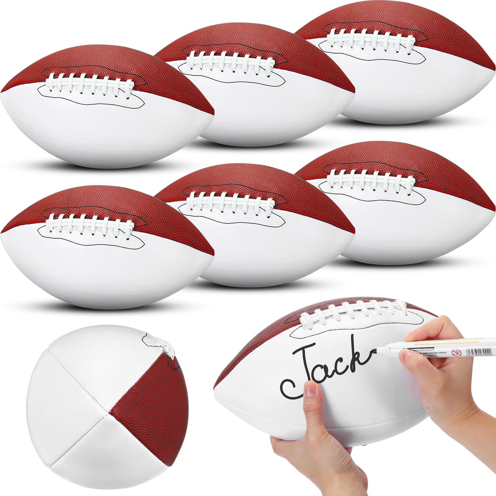Photo 1 of Halloscume 11.02in Blank Autograph Football Size 9 White Football with 1 Brown and 3 White Panels for Signature Autographs Customized Trophy Rugby Game Wedding Garter Toss(6 Pcs)