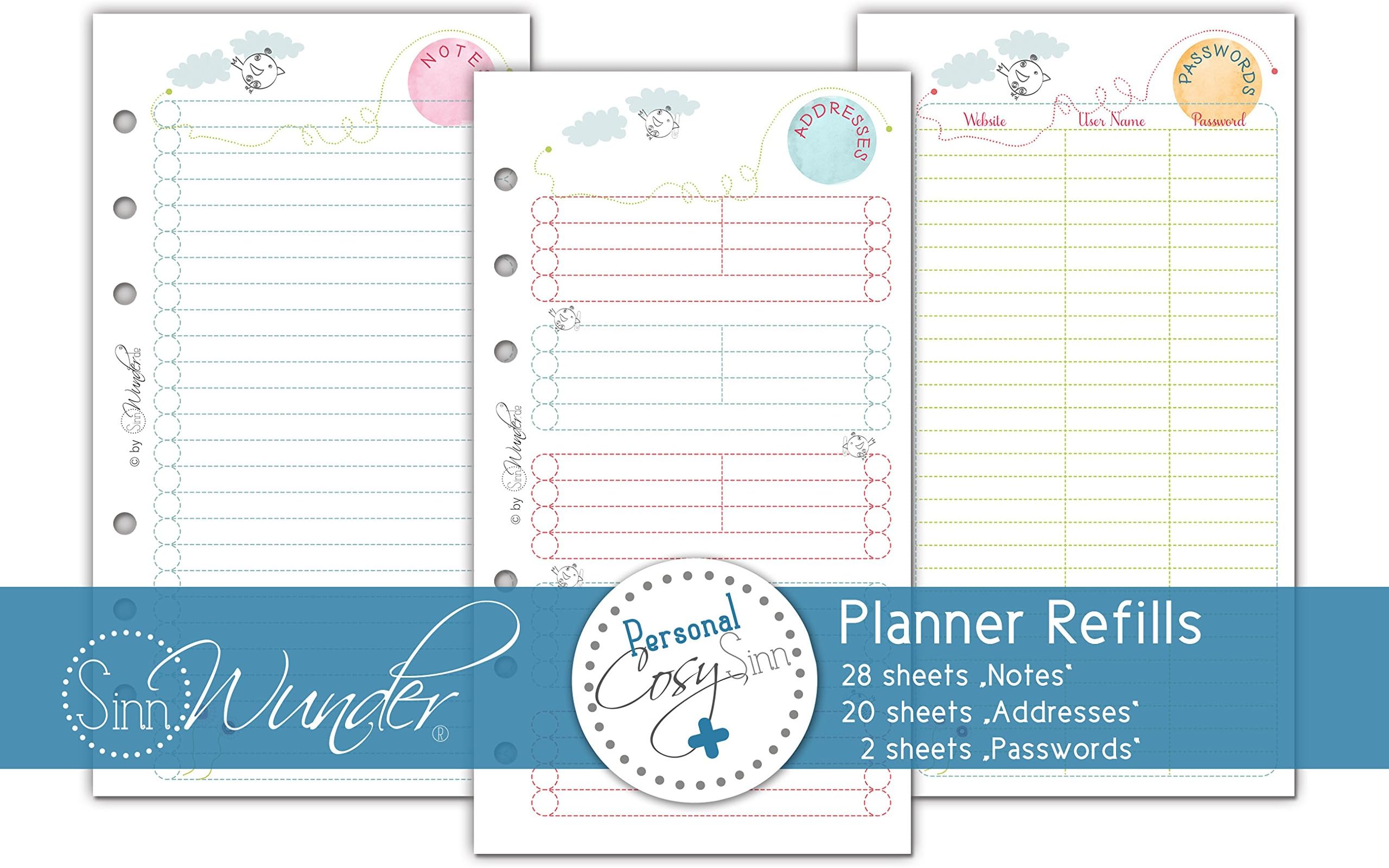 SinnWunder Refills/Inserts for Ring Bound Planners, Notes, Addresses and Passwords, Personal Size, Different Designs Available (CosySinn)