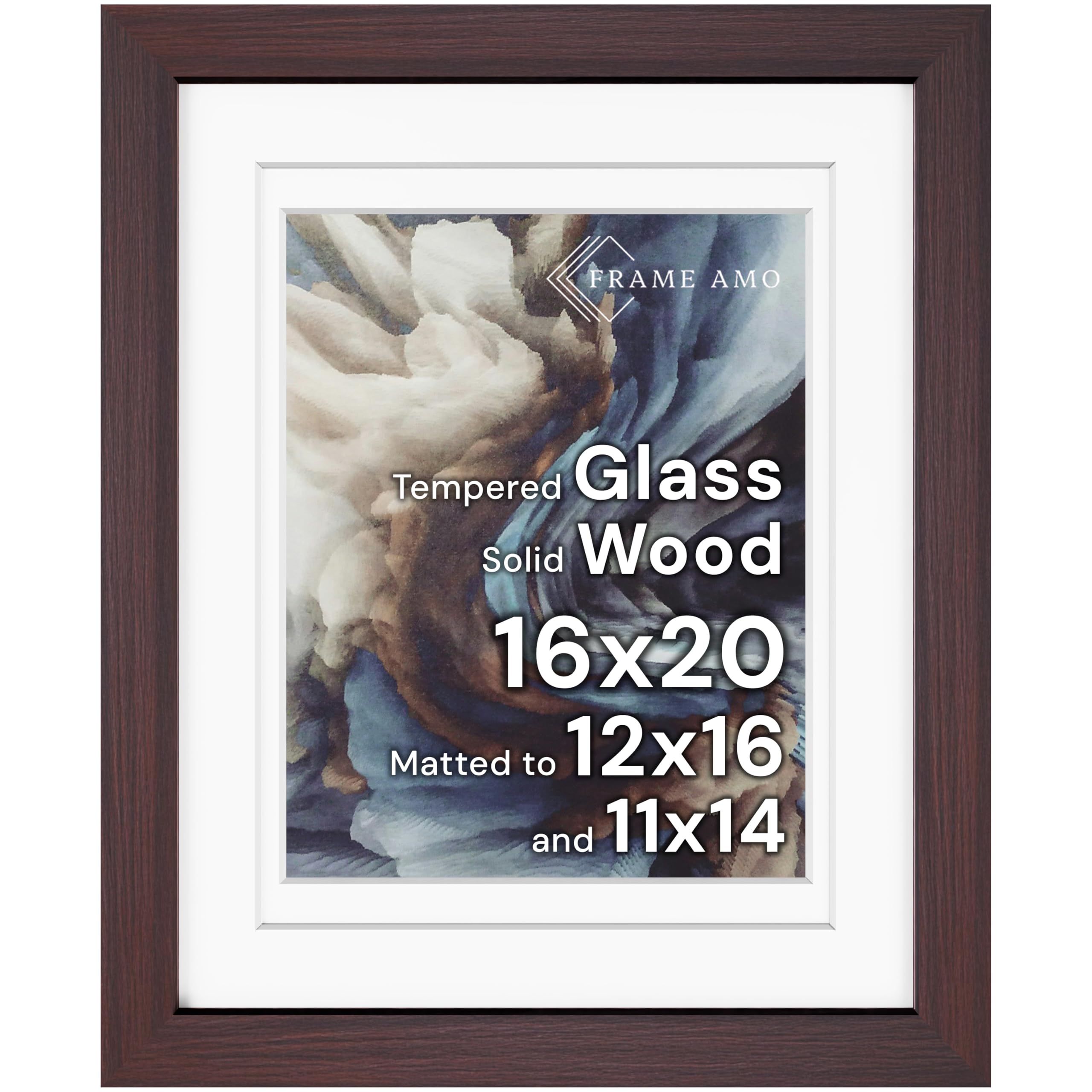 Frame Amo 16x20 Solid Wood Poster Frame Brazilian Walnut, White Multi Mat for 11x14 and 12x16 Image, Tempered Glass Front, 1.5 inch Wide, 1 inch Thick, High-End, Heavy-Duty, Gallery Grade & Acid-Free Image