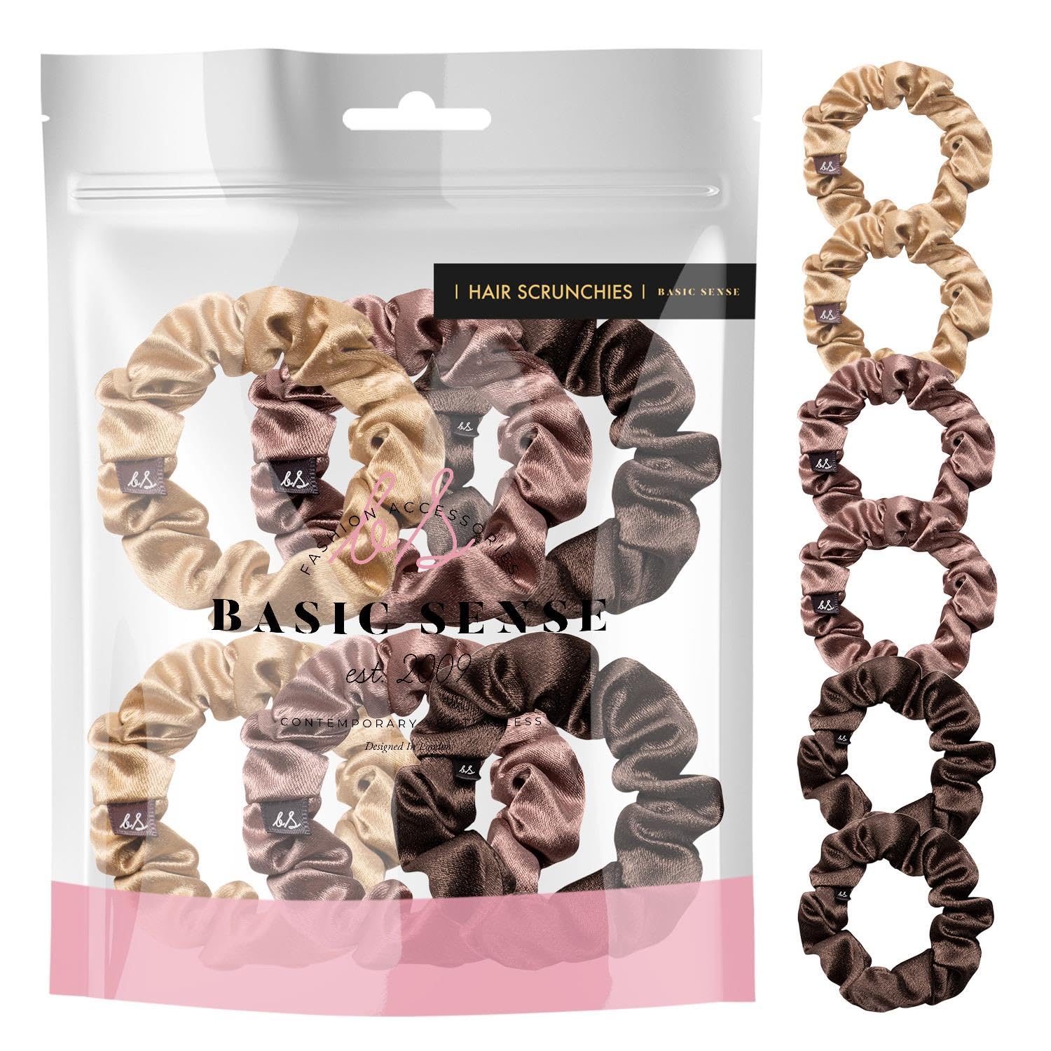 Basic Sense Skinny Satin Hair Scrunchies for Fine Hair, Snag-Free, Strong Hold, A set of 6pcs, Dark Brown Assortment