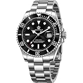 Reginald Men's Diver-Inspired Quartz Watch Sapphire Crystal 40mm | Black dial with date magnifier, luminous hands and markers, rotating bezel, 50M water resistance and a steel bracelet.