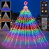 HOLILLUMA 12FT Outdoor Christmas Decorations, 488LED RGB Color Changing Waterfall Christmas Tree Lights with Iron Pole, APP Remote Control, DIY Multi-Color Lightshow, Music Sync, Xmas New Year Decor