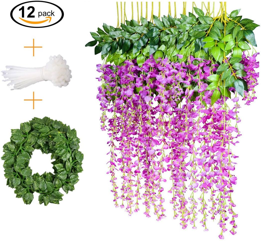 12 PCS, 3.6 feet, Artificial Wisteria Vine Ratta Hanging Garland Silk Flower String Set || Come with a 7 feet Leaf Vine String and 18 pcs Zip Ties || By KooCoo Mummy (Orchid Purple)