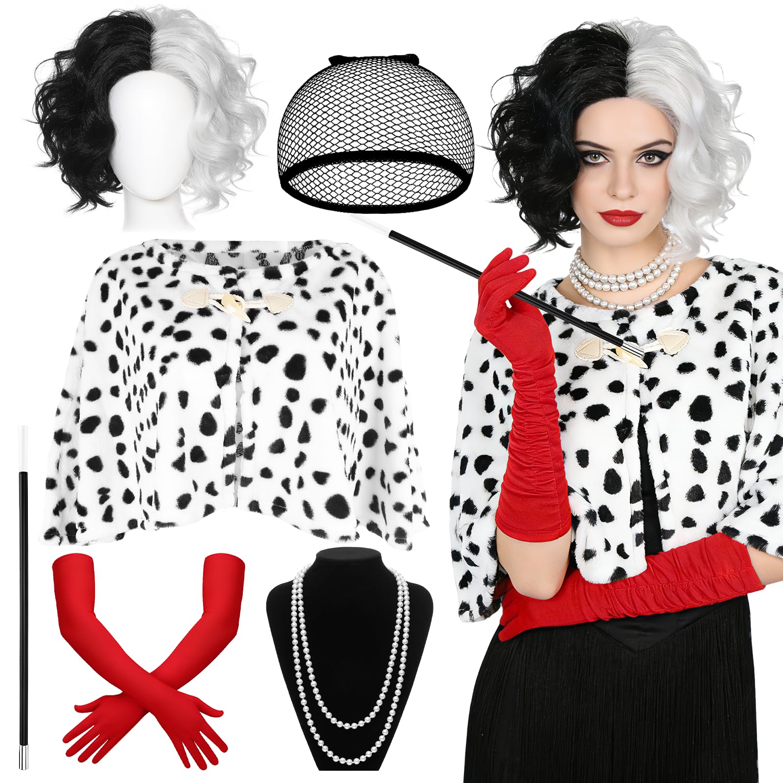 6Pcs Cruella Deville Costume Set for Women, Cruella Cosplay Outfits Kit with Cape Black and White Wig Pearl Necklace Gloves Hand Prop for World Book Day Halloween Carnivals Cosplay Themed Parties