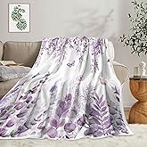 JAWO Purple Throw Blanket, Floral Fleece Blankets, Watercolor Floral Flower Butterfly Travel Bedding Decor, Lightweight and Warm Blanket for Bedroom for Women Girls, 50X60