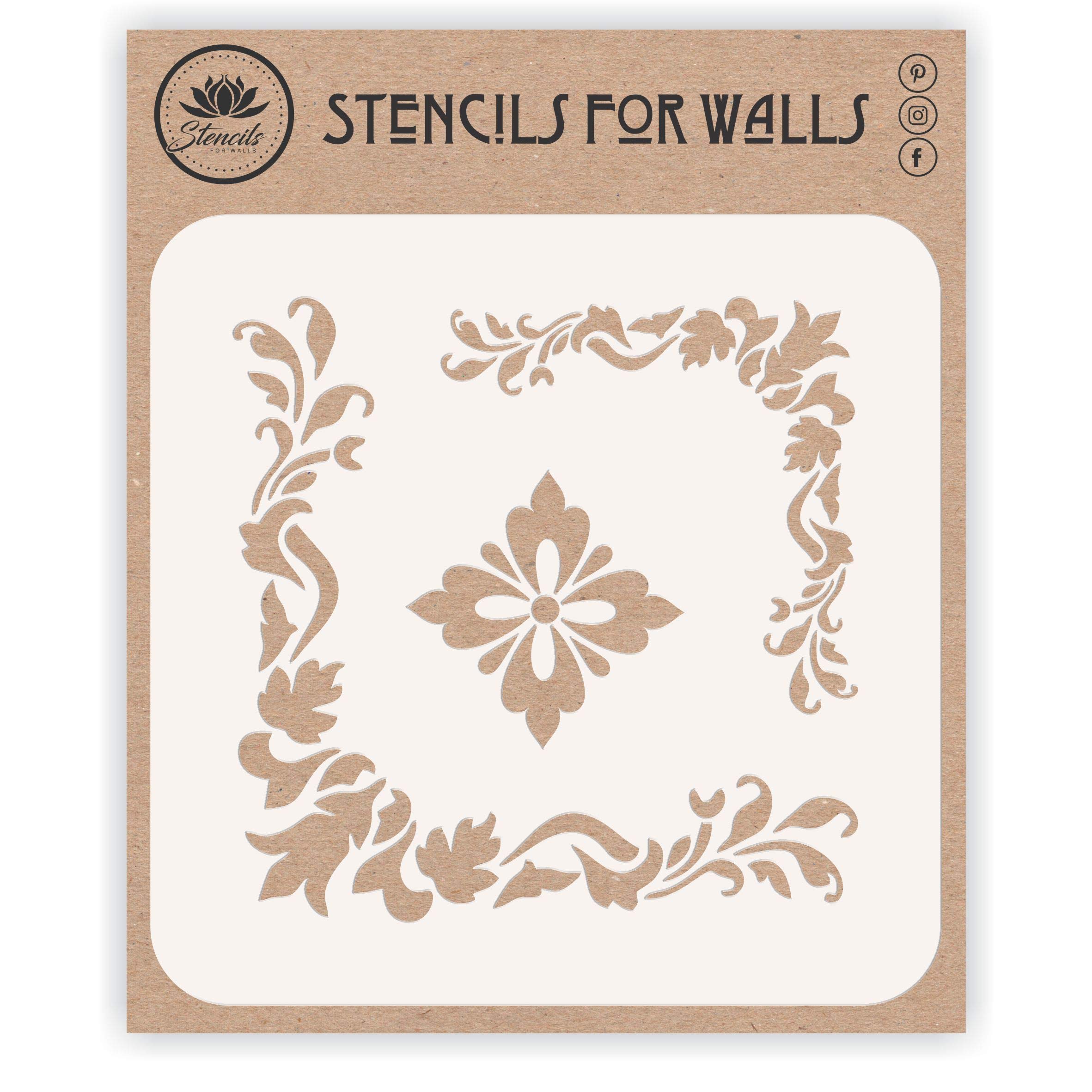 Accent Corners Stencil, 11.43 x 11.43 cm (S) - Stencils for Walls Original Classic Flower Corner Design Stencil Template
