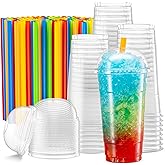 Crystal Clear PET Cups With Dome lids & Straws for Iced Coffee,Milkshake, Cold Drinks, Slush Cups, Smoothy's, Slurpee, Ice cream, Dessert, Party's, Plastic Disposable Cups (40, 32 oz)