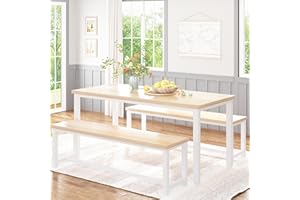 Recaceik 47” Dining Table Set with Benches, 3 Pieces Dining Room Table Set for 4, Wood Kitchen Table and Chair Set, Space Saving Dinette Set for Breakfast Nook, Dining Room, Beige