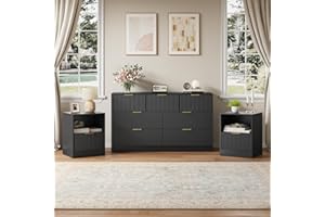 NOVAMAISON 3 Pcs Black Dresser & Nightstand Set, 7 Drawer Dressers and Night Stand Set of 2 with Metal Handle, Fluted Modern Wood Chest of Drawers Storage Dressers Set for Bedroom, Black