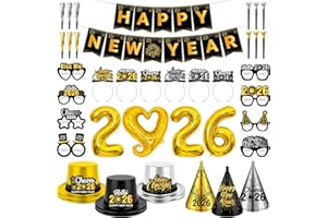 BISWITER New Years Eve Party Supplies 2026 - 40PCS Happy New Years Decorations for 12 Guests Includes Banner,Gold 2026 Balloon,Hats,Tiaras and Squawkers for Nye 2026 Celebrations
